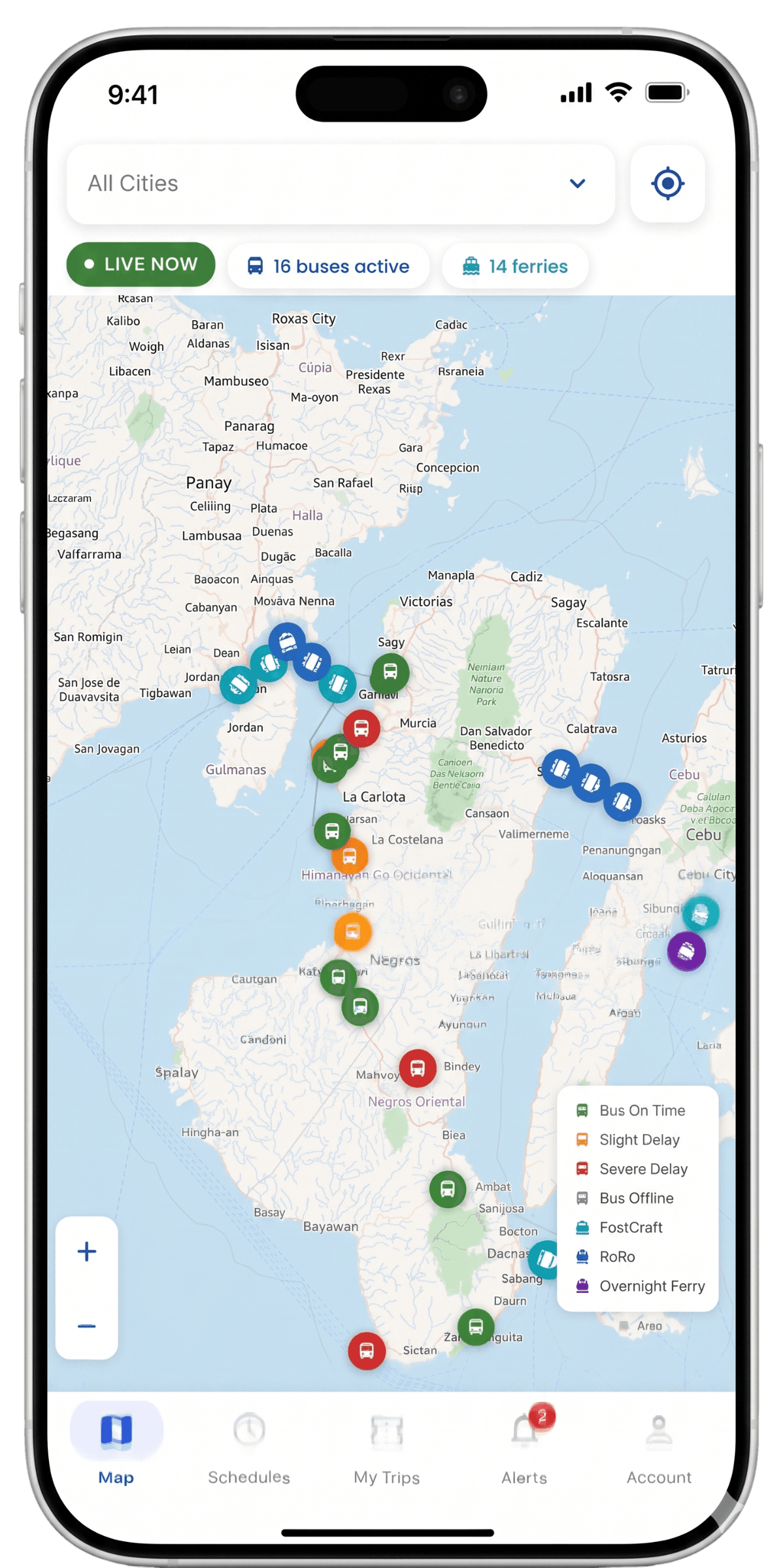 ByaheNow live map tracking buses and ferries across Negros Island