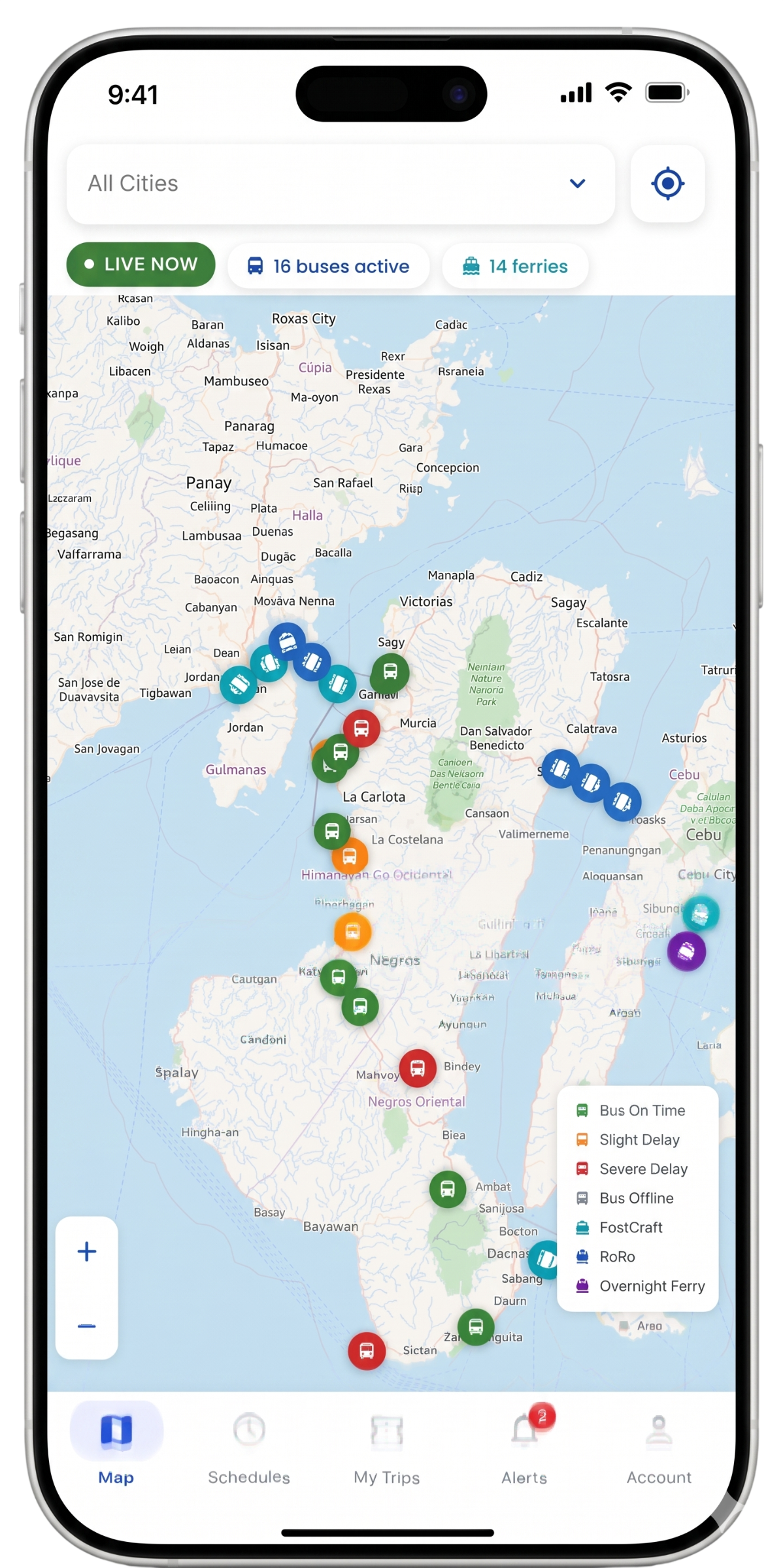 ByaheNow app showing real-time bus tracking on a map