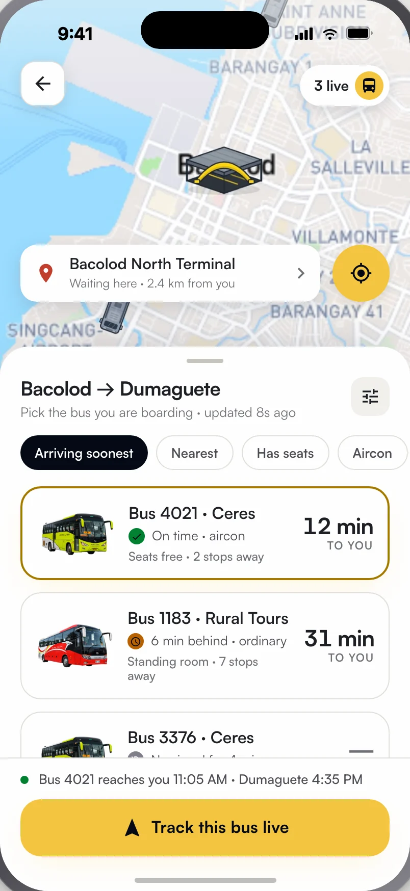 The buses running a route, each with minutes to your stop