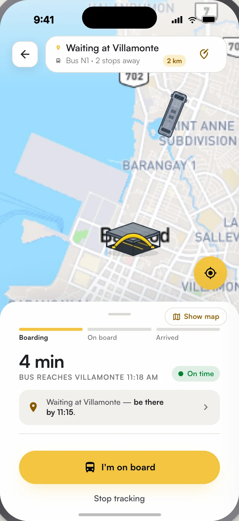Live tracking at Villamonte Terminal with the bus four minutes away